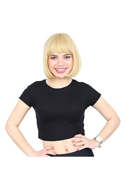 Mina Peruk Kısa Küt Perçemli Fiber Sentetik Peruk - Sarı