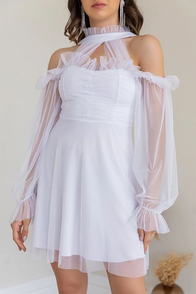Neşeli Butik Μίνι Γυναικείο Βραδινό Φόρεμα Λευκό Τούλι - NBSWLL09