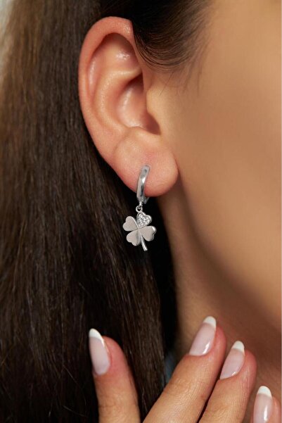 Roza Silver Zirkon Taşlı Rodyum Dört Yapraklı Yonca Halka Gümüş Küpe