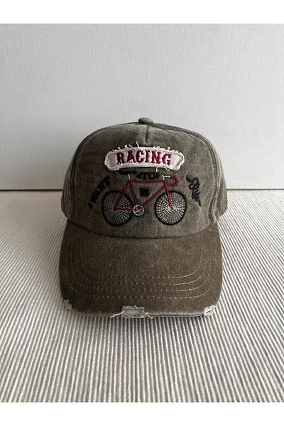 CosmoOutlet Racing Bicycle Embroidered Washed Vintage Model Adjustable Back Unisex Khaki Hat