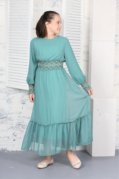 Asortix Girl's Mint Green Chiffon Dress Long Neck Lined Hijab Dress Gilet