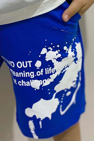 Riccotarz Boy's Brush Paint Patterned Blue Shorts Set with Pockets