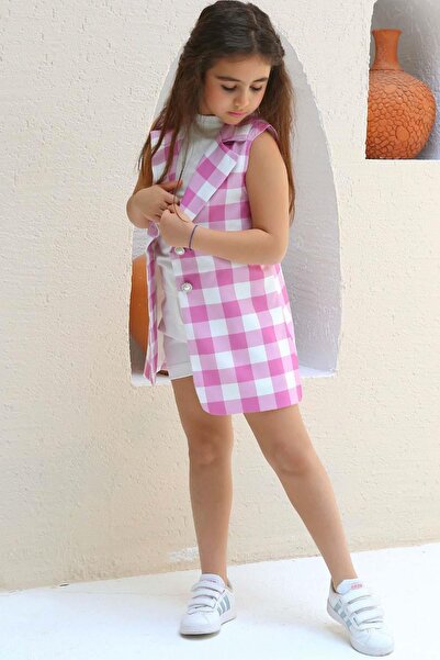 Riccotarz Girl's Plaid Printed Button Detailed Jacket Halter Neck T-Shirt Pink Shorts Set
