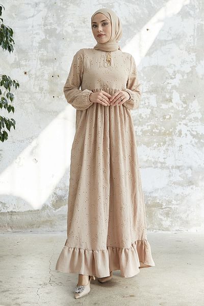 InStyle Κέντημα Φόρεμα με Φούντα Γιακά - Μπεζ