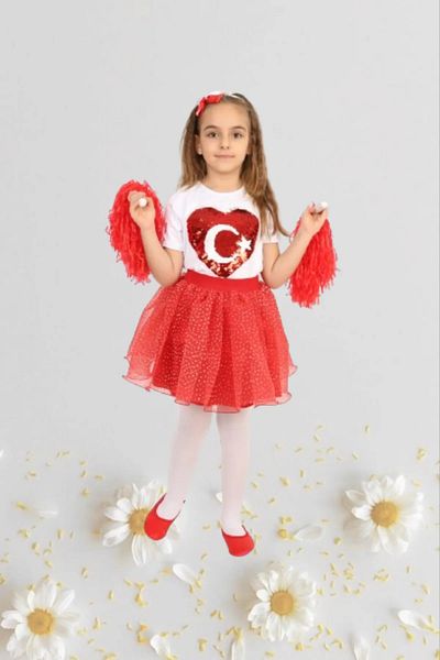 NOBLE STORE 23 April Outfit - Short Sleeve Patterned Girl's Tutu and T-Shirt Set Nbl2434