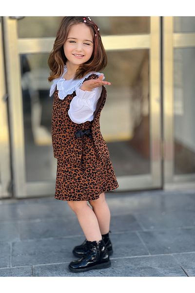 Calisa Cămașă albă pentru fetiță, fustă leopard, pulover, set de 3 piese Eid