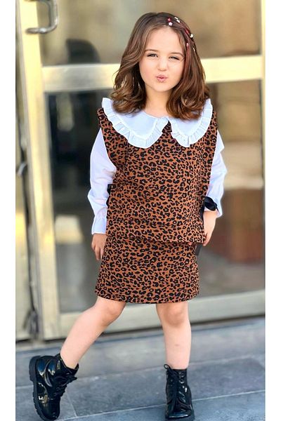 Calisa Cămașă albă pentru fetiță, fustă leopard, pulover, set de 3 piese Eid