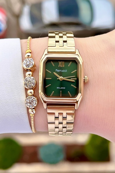 Ferrucci Kadranı Yeşil Kordonu Altın Renk 24 Ay Garantili Kadın Kol Saati ve Bileklik