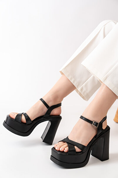 asmi shoes Kadın Siyah Cilt Çapraz Bantlı (12cm) Platformlu Topuklu Ayakkabı