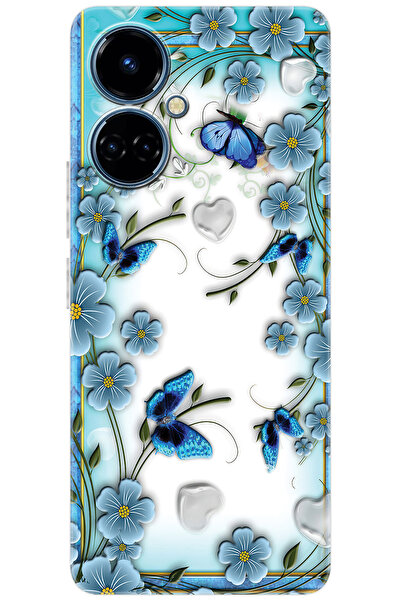 Camon Tecno 19 (CI6n) Uyumlu Kılıf Desen Baskılı Silikon Çiçek ve Kelebekler ...