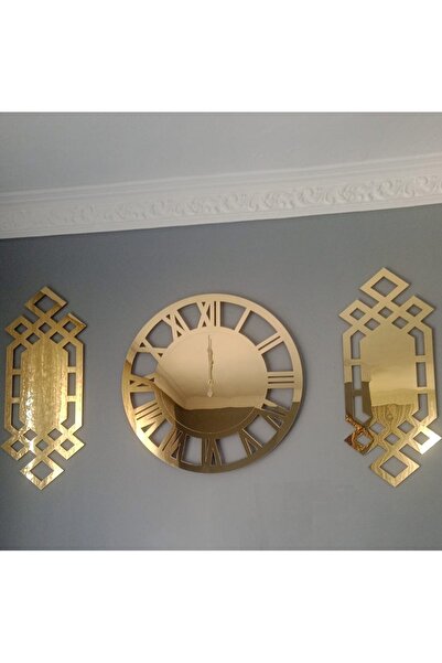 NİSANEST Dekoratif Modern ve Şık Gold 3 Parçalı Tablo Duvar Saati ve Dekoru 8...