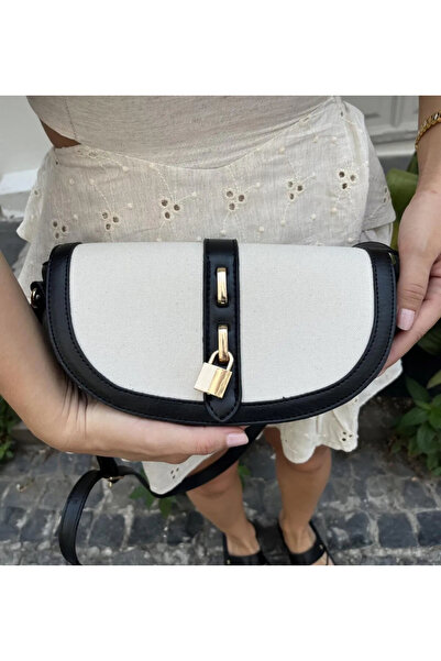 Tina Λινή τσάντα - Μαύρη κρεμ, με αξεσουάρ κλειδώματος