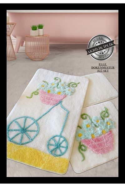 England London Polo Club Hayal Set of 3 PL336 100% Handmade Acrylic Yarn Machine Washable Bath Mat Rug Toilet Seat Set