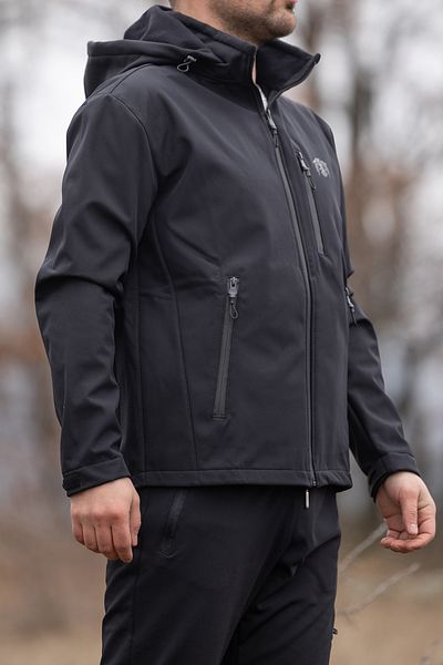 Huğlu Black Hooded Softshell Coat