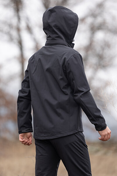 Huğlu Siyah Kapüşonlu Softshell Mont