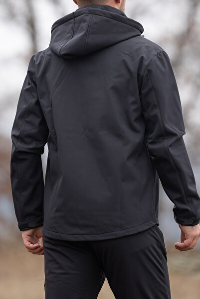 Huğlu Siyah Kapüşonlu Softshell Mont