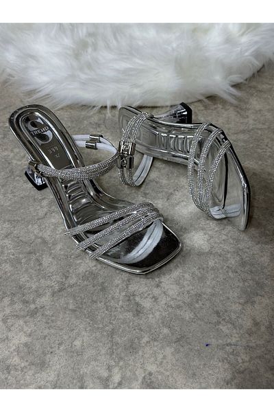 Allyup Silver Rhinestone Hologram Thick Transparent Heeled Blunt Toe Evening Dress Sandals - 6100
