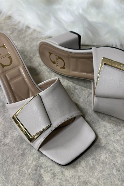 Allyup Casual Beige Women's Slippers Buckle Thick Heeled Banded Blunt Toe Comfortable Soft Sole 219