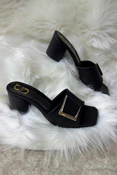 Allyup Καθημερινές μαύρες γυναικείες παντόφλες με αγκράφα με χοντρό τακούνι με λουράκια με χοντρή μύτη άνετη μαλακή σόλα 219