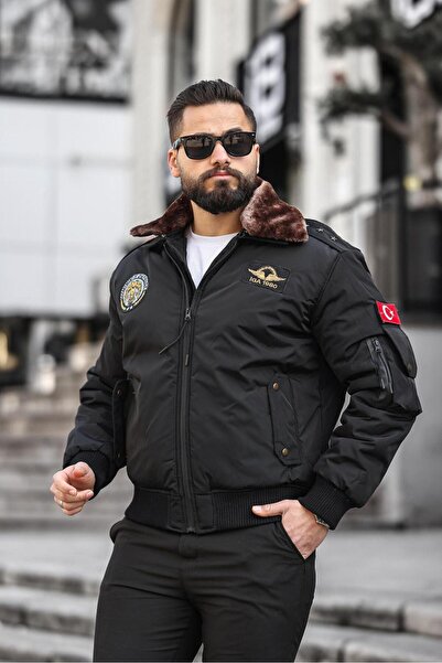 RHONES Yakası Kürklü Apoletli Erkek Pilot Mont