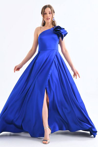 Neşeli Butik women's saks lycra one shoulder satin evening dress NBSWLL10