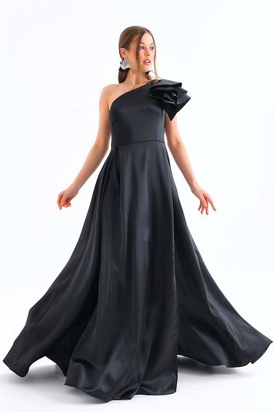 Neşeli Butik women's black lycra one shoulder satin evening dress NBSWLL10