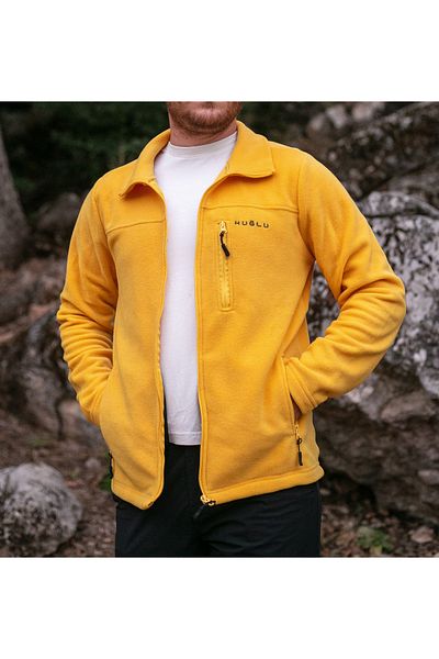 Huğlu Zippered Stand Collar Yellow Fleece Cardigan