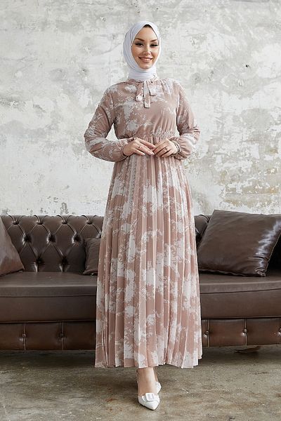 InStyle Φόρεμα σιφόν με γιακά με ζώνη Diva - Μπεζ