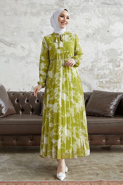 InStyle Diva Pleated Chiffon Dress with Belted Collar - Oil Green