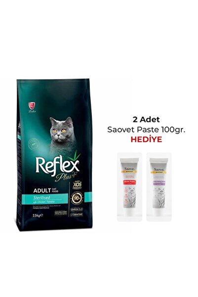 Reflex Plus Tavuklu Kısırlaştırılmış Kedi Maması 15 Kg + 2 Adet Saovet Pasta 100 gr. Hediye