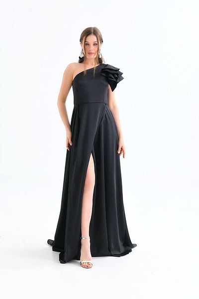 Neşeli Butik women's black lycra one shoulder satin evening dress NBSWLL10