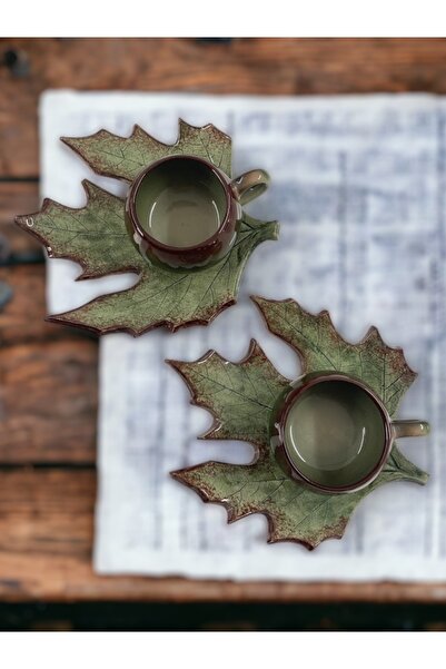Artistic Quality Dekoratif Çınar Yaprak Figürlü 2 Kişilik Yeşil Ve Kahve Renklerinde Çay Kahve Fincanı Seti
