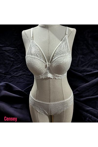CENSEY Lace Padded Stone Decorated Cross Strap Bra and Panty Set