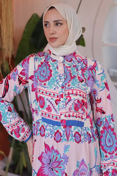 benguen 12002 Floral Patterned Viscose Dress Fuchsia