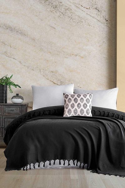 Elart Fringed Cotton Pique Double Loris Black (200x230cm)