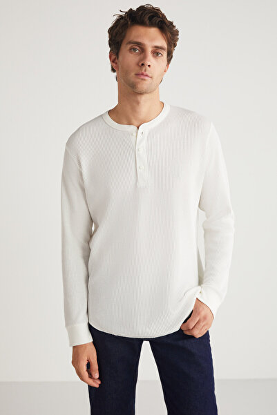 GRIMELANGE Patrick Ανδρική πλεκτή βάφλα - Premium χοντρό, λεπτομερές μπλουζάκι εκρού με κουμπιά
