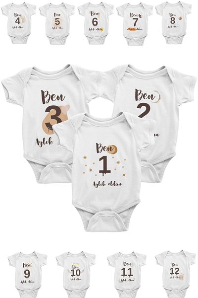 ADABEBEK 100% Cotton Design 12-Piece (0-1 Years) Monthly Bodysuit Set with Snap Fasteners