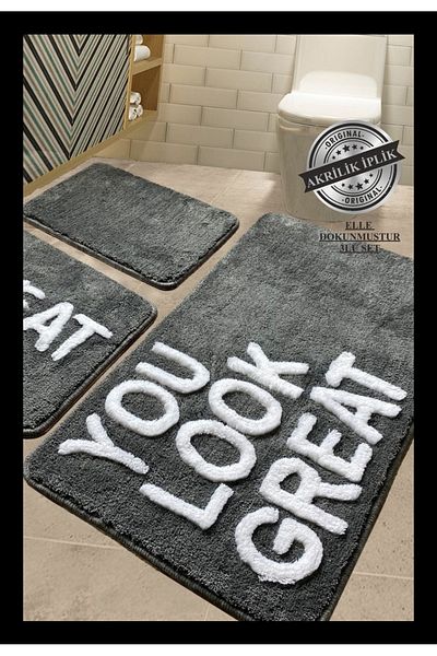 England London Polo Club Hayal Set of 3 PL361 100% Handmade Acrylic Yarn Machine Washable Bath Mat Rug Toilet Seat Set
