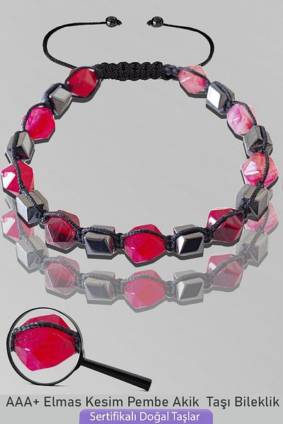 Tesbih Atölyesi Certified AAA+ Diamond Cut Terahertz - Pink Agate Stone Bracelet - Adjustable