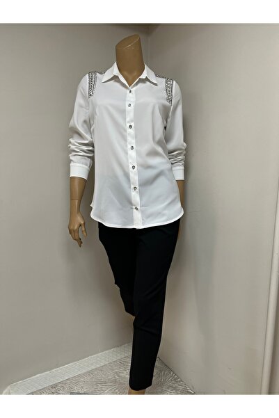 TIAJOVEN BÜYÜK BEDEN OMUZLARI TAŞ İŞLEMELİ ŞIK GÖMLEK