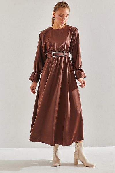 Bianco Lucci Modest Women's Belted Balloon Sleeve Satin Hijab Dress60151013