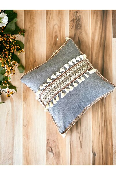 NDC HOME Κάλυμμα μαξιλαριού με ριγέ ανθρακί πομπόν (43x43)