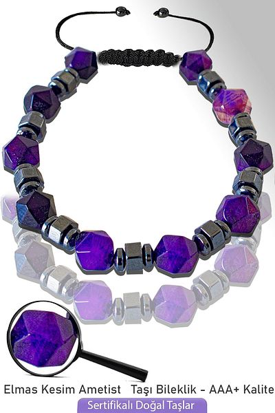 Tesbih Atölyesi Certified AAA+ Silver Hematite Diamond Cut Amethyst Stone Bracelet - Adjustable