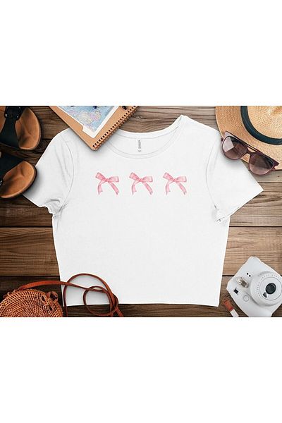 Gofeel White Pink Ribbon Bow Patterned Crop Body