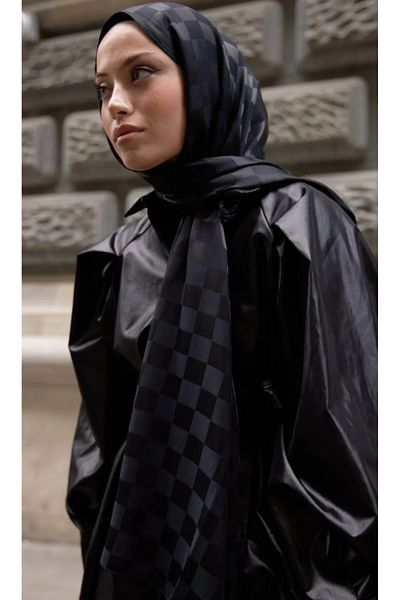 Trablus Checkerboard Pattern Silky Jacquard Shawl