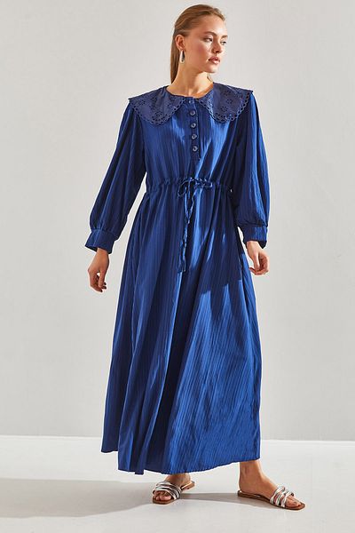 Bianco Lucci Modest Women's Belted Baby Collar Lace Patterned Lined Flared Hijab Dress60151014