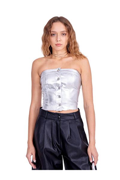 Fashinyou Kadın Düğmeli Metalik Gümüş Büstiyer