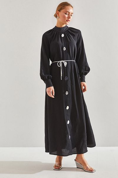 Bianco Lucci Modest Women's Buttoned Front Patterned Belted Hijab Dress60151012