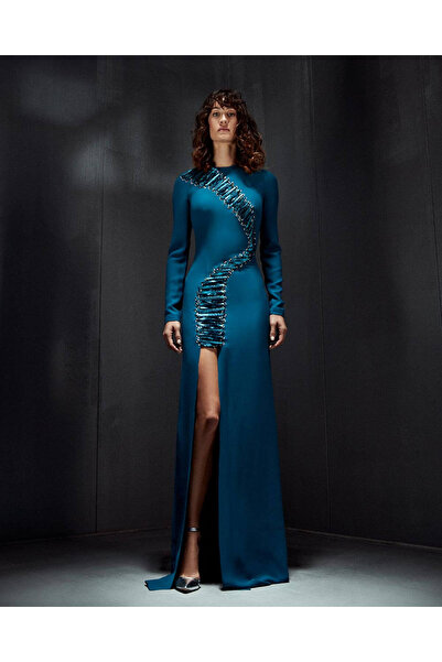 afffair KORDON DETAYLI PETROL MAVİSİ UZUN YIRTMAÇLI ELBİSE