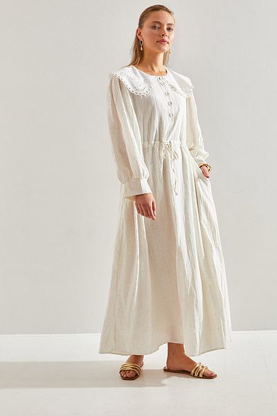 Bianco Lucci Modest Women's Belted Baby Collar Lace Patterned Lined Flared Hijab Dress60151014